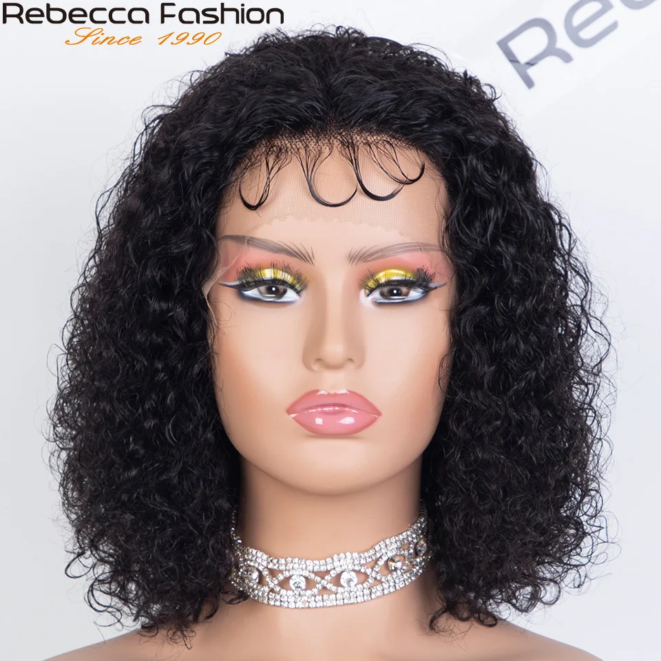 Rebecca-Peluca de cabello humano rizado con encaje frontal para mujer, postizo de corte corto, corte Bob, brasileño, 180D