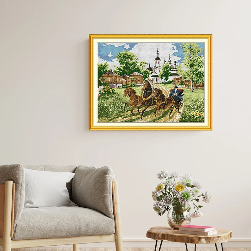 Joy Sunday Cross Stitch Kit Galloping Horse House HD Pattern Printed Counted Fabric Aida 16/14CT DIY Embroidery Sets with A Gift
