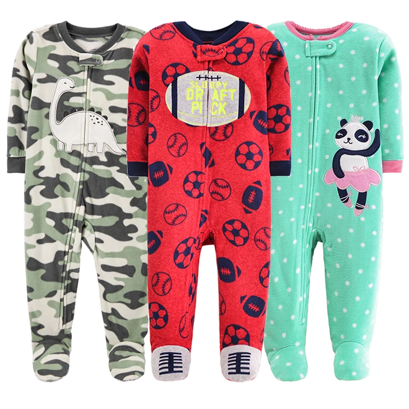 

0-12M Baby Fleece Warm Pajamas Winter Jumpsuit Coverall Toddler New Born Boys Clothing Girls Rompers Dinosaur Football Romper