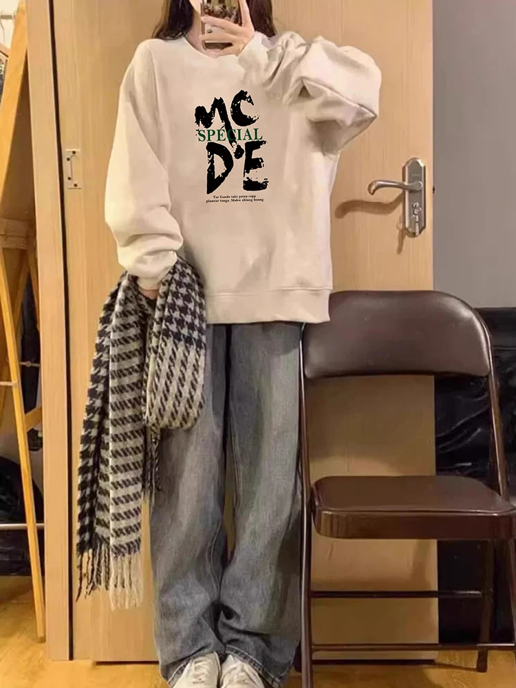 Thiened Fce sweat à capuche femme longue Sve rond Ne sweat mi-long surdimensionné américain Sle Faionable haut d'hiver