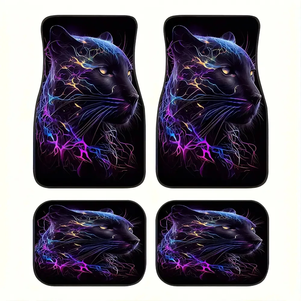 Set Of 4 Neon Glow Black Panther Car Floor Mats, Unisex Luxury Interior, Must-Have Car Additions