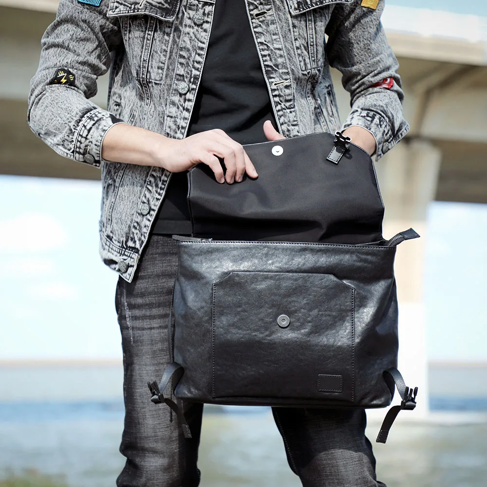 S.WORKER Herren-Umhängetasche aus Vollnarbenleder | Modische Umhängetasche, Crossbody-Tagesrucksack – Detail 6