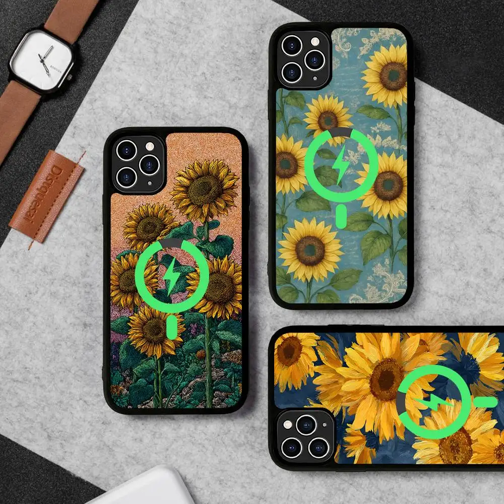 S-Sunflower-Vintage For Magsafe Magnetic Case For iPhone 17 Air 16 15 14 13 12 11 Pro Max Plus Wireless Charging