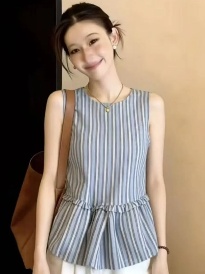 

Новая летняя женская рубашка больших размеров в винтажном стиле, в полоску, без рукавов, свободного кроя, с эффектом стройности, универсальная, прямого силуэта, дышащая