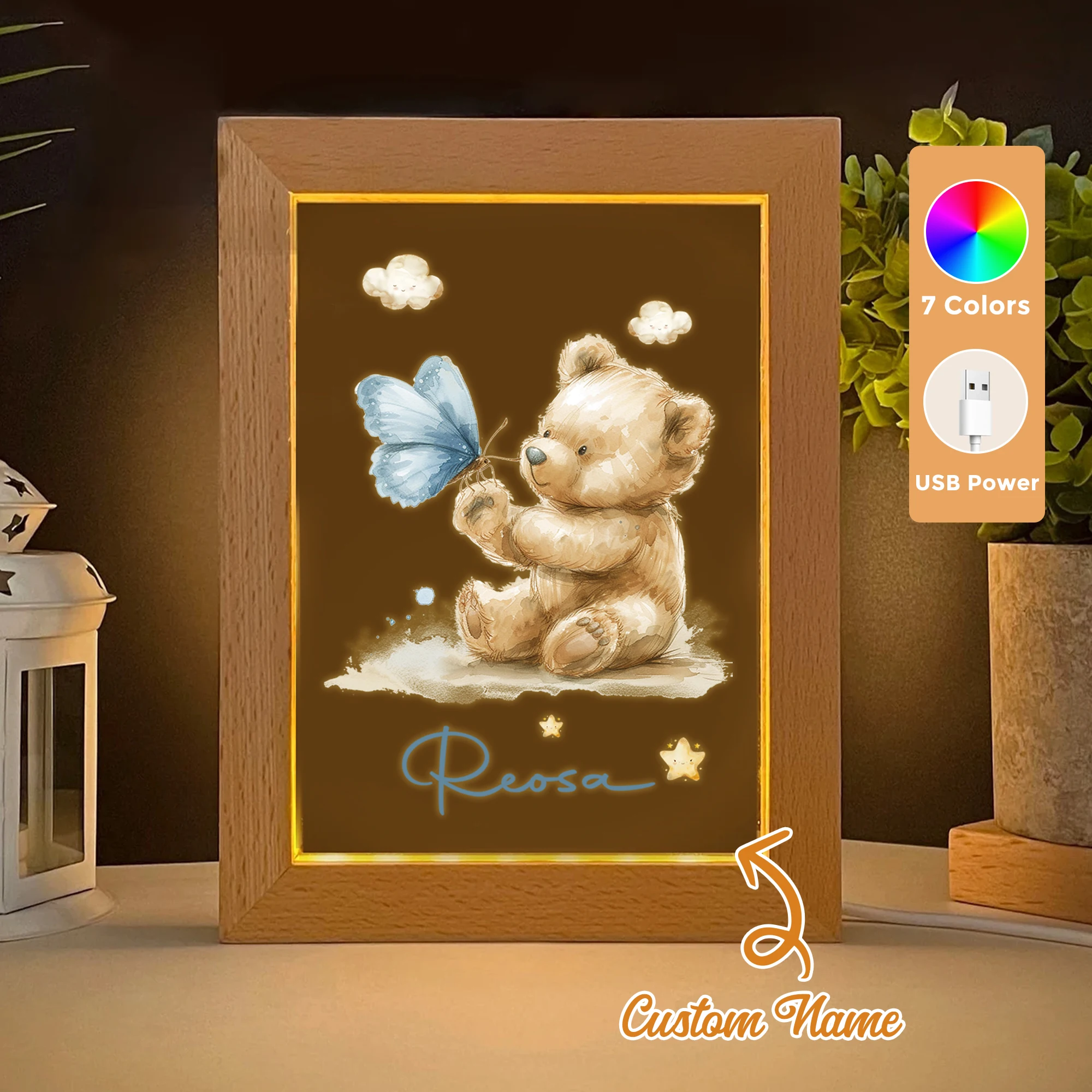 

2D Flat Custom Name Bear Butterfly LED Acrylic Night Light Wood Photo Frame 21x17cm Cartoon Children Bedroom Gifts Home Decor