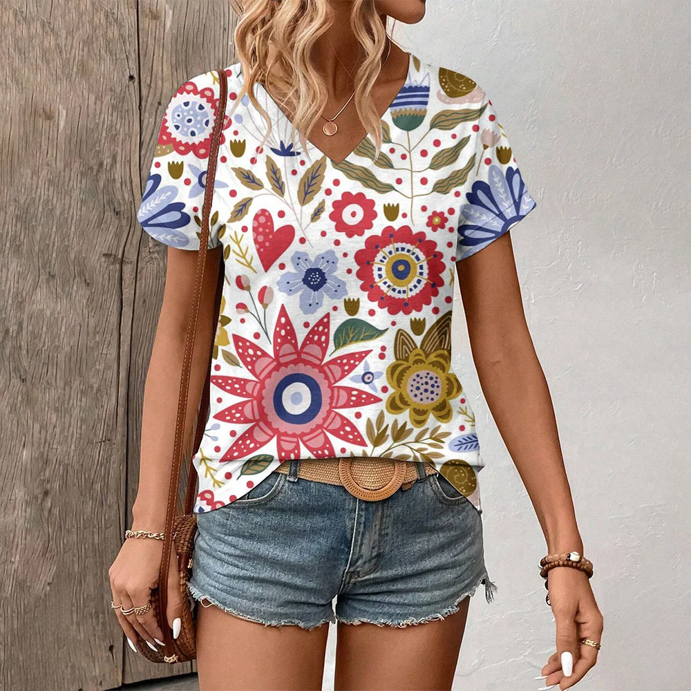 

Summer Vintage Flower 3D Print T-shirt Women Streetwear T Shirts Y2k Tops Woman Harajuku Casual V-Neck Tees Oversized Clothing