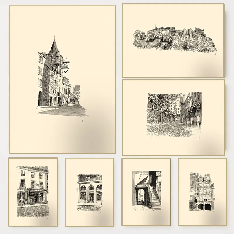 Vintage Edinburgh Castle Pen Ink Drawing Sketch Poster Scottish Architecture Canvas Painting Wall Art for Living Room Home De