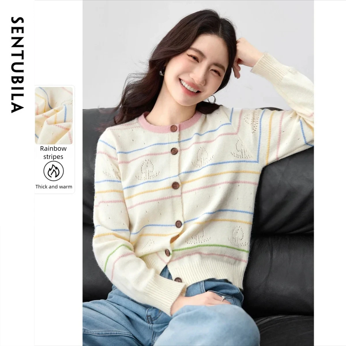 

SENTUBILA женский кардиган в радужную полоску, осень 2022, джемперы на пуговицах контрастного цвета с круглым вырезом, милый вязаный повседневный свитер W53HB2272