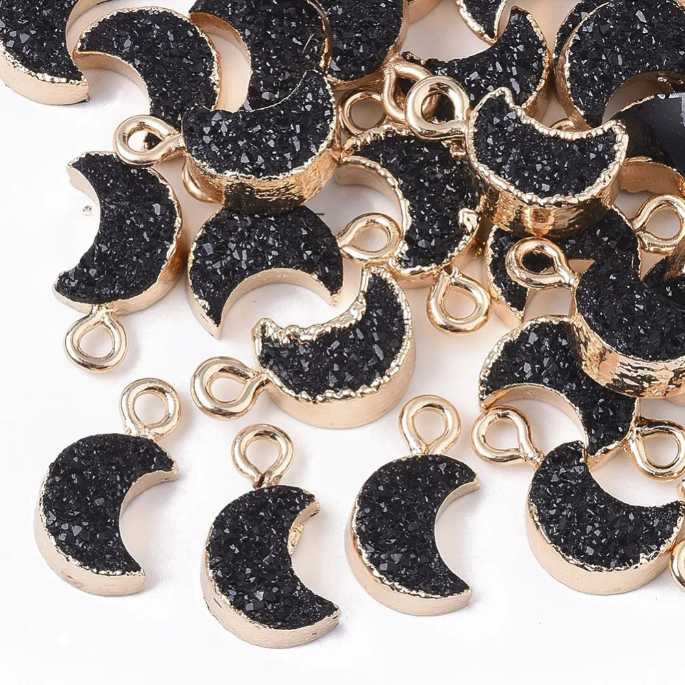 5 Pcs Black Druzy Resin Moon Pendants Charms with Edge Light Gold Plated Iron Loops Black Moon Pendants Accessory for Women DIY
