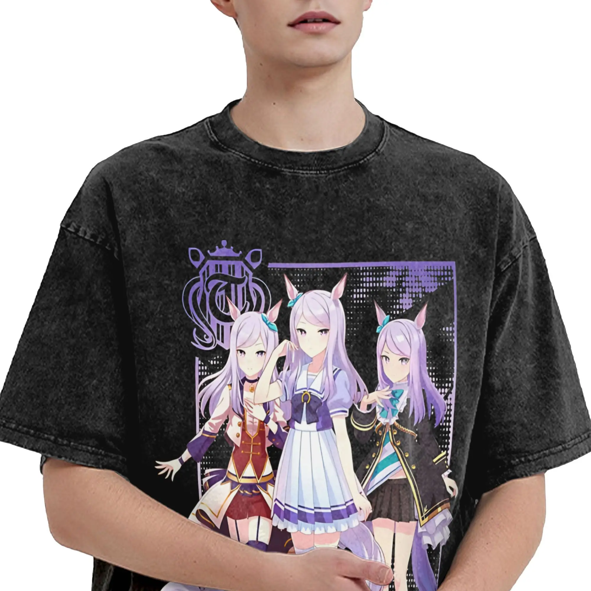 تي شيرت مغسول Mejiro Mcqueen Uma Musume الهيب هوب تي شيرت الشارع الشهير 100% قطن مطبوع بلايز تي شيرت للرجال والنساء