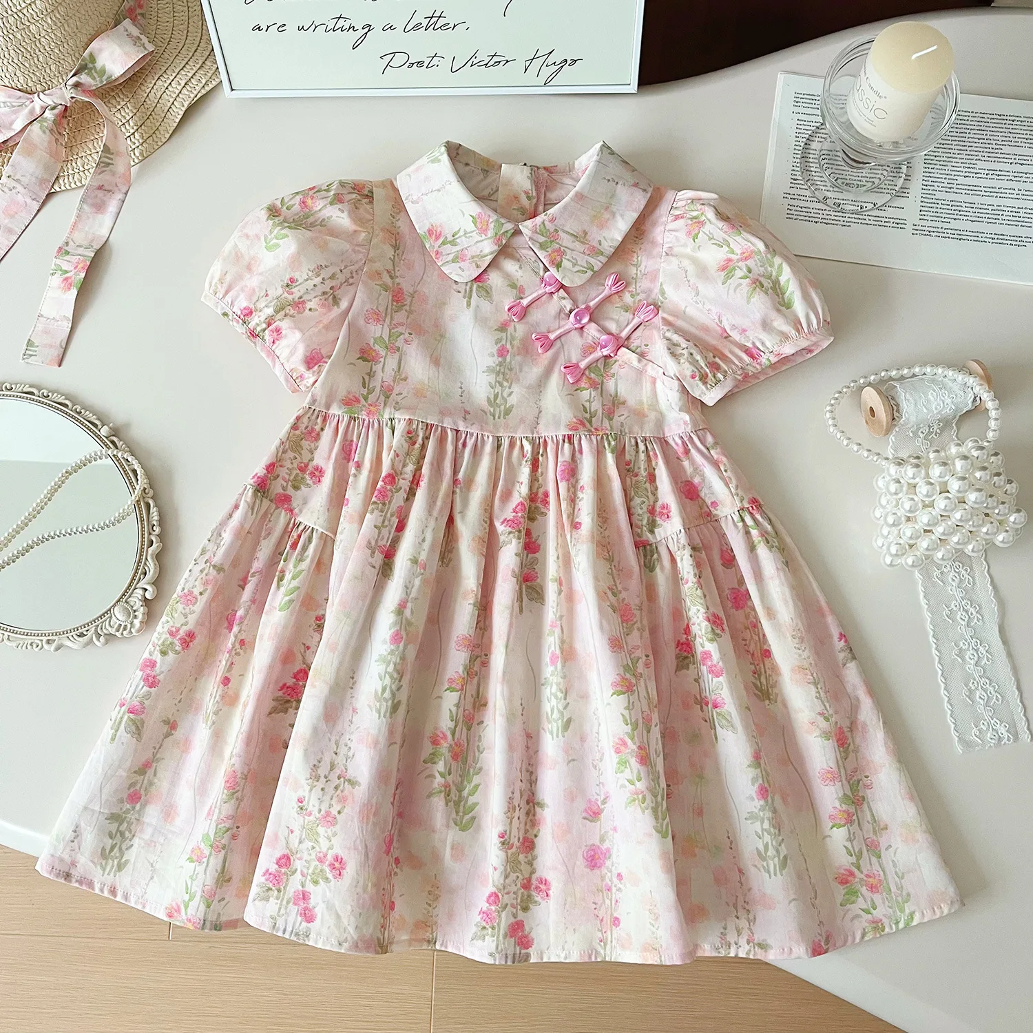 2024 summer new Korean girls floral short-sleeved dress girl national style children's dress 90-140cm