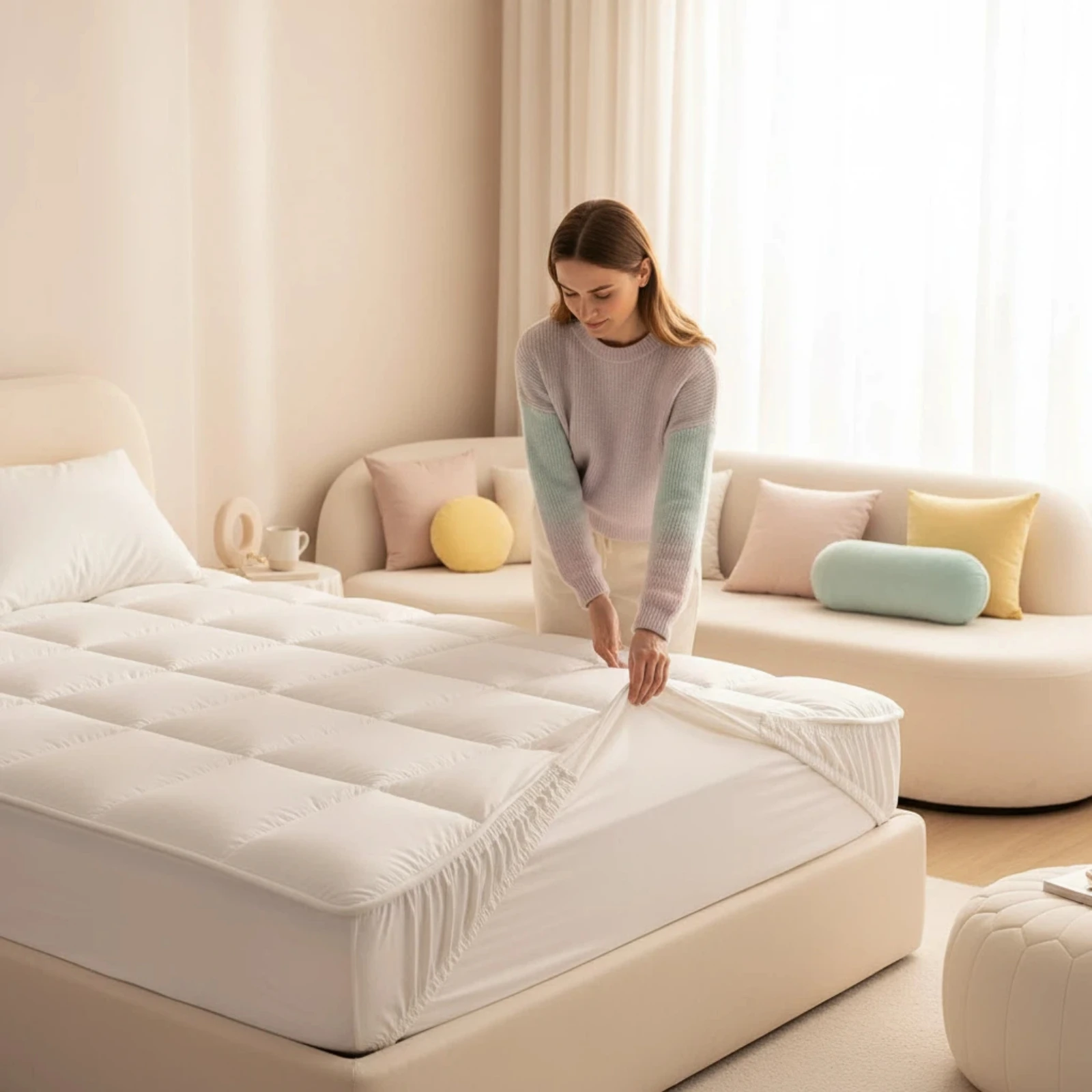 King Size Microfiber Padding Fitted Sheet - Ultrasonic Quilted Single Bed Cover  Soft & Lightweight Non-Run Bedding
