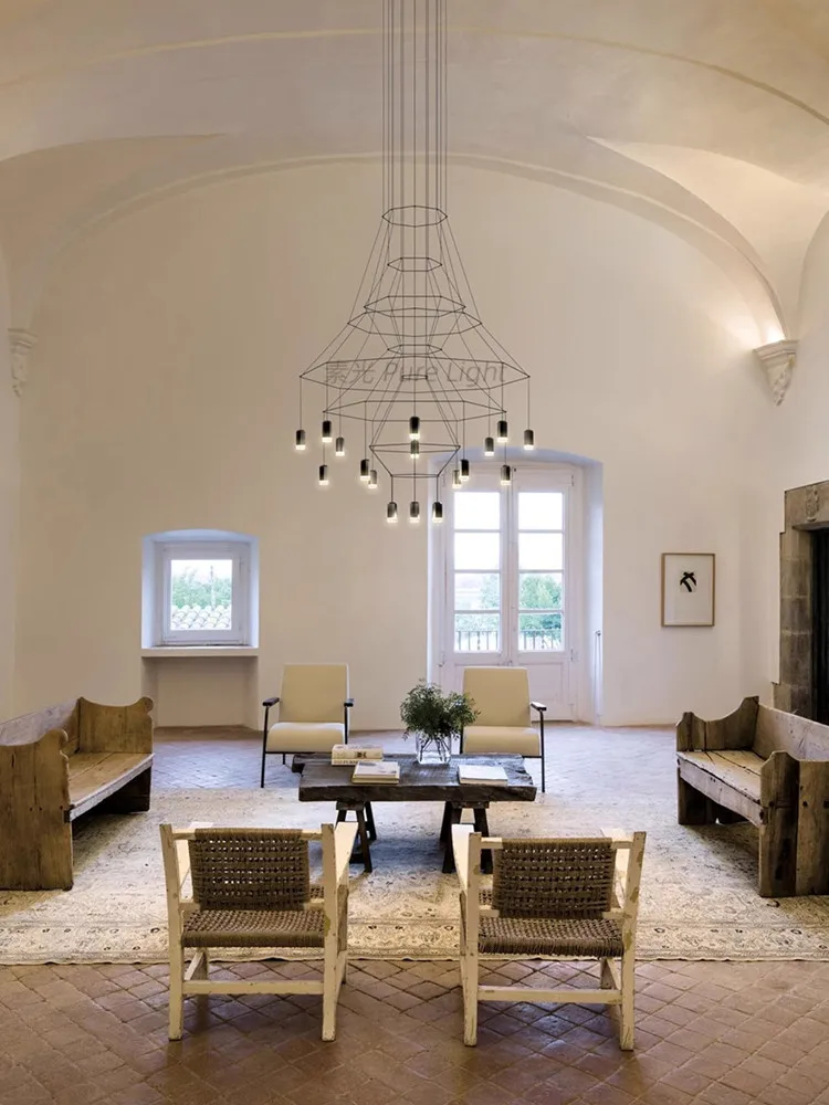 

Italian minimalist duplex loft restaurant staircase light villa living room pendant light