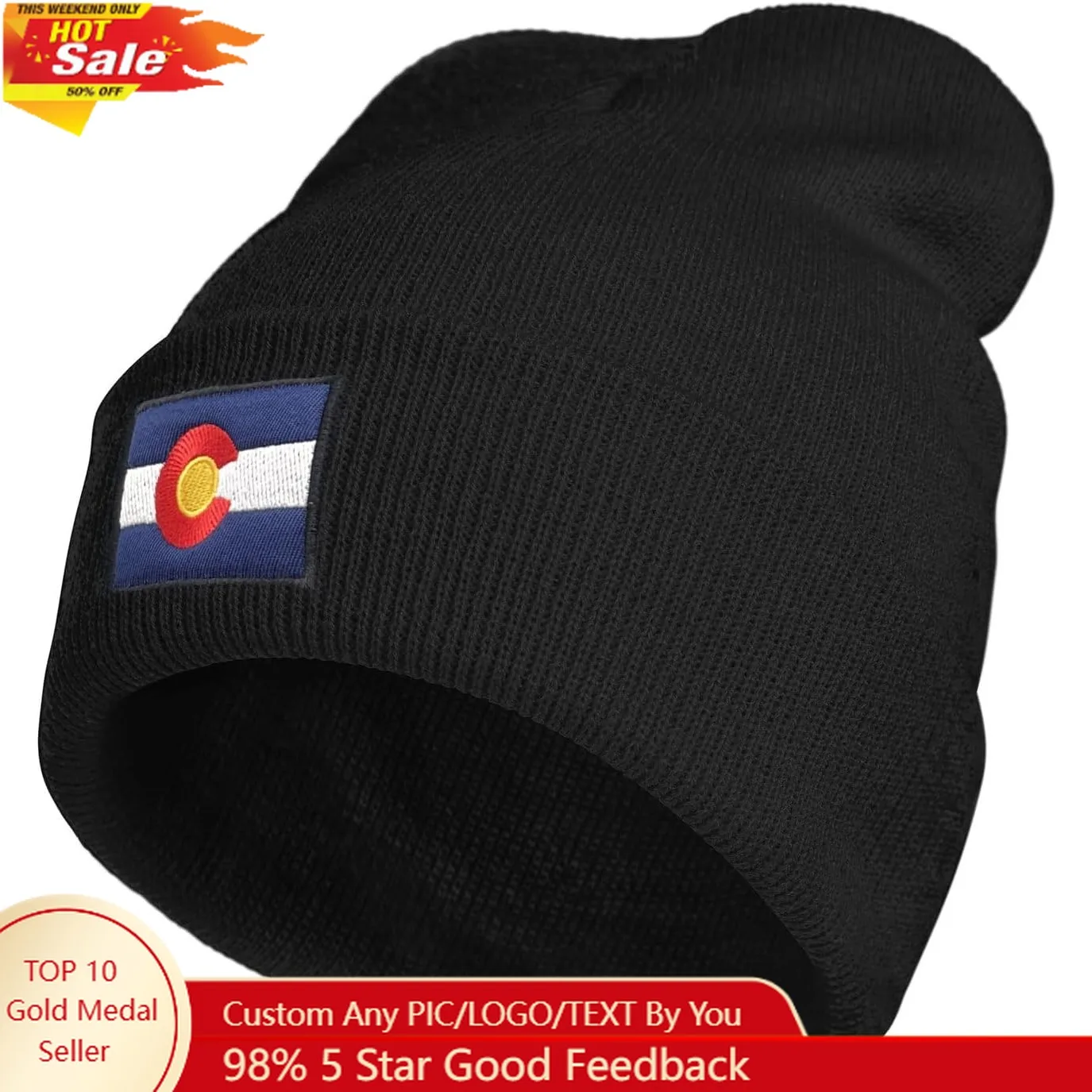 

USA Colorado State Skyline Flag Beanie Hat for Men Women Winter Warm Beanie Hats Stretch Skull Knit Hat Cap Black