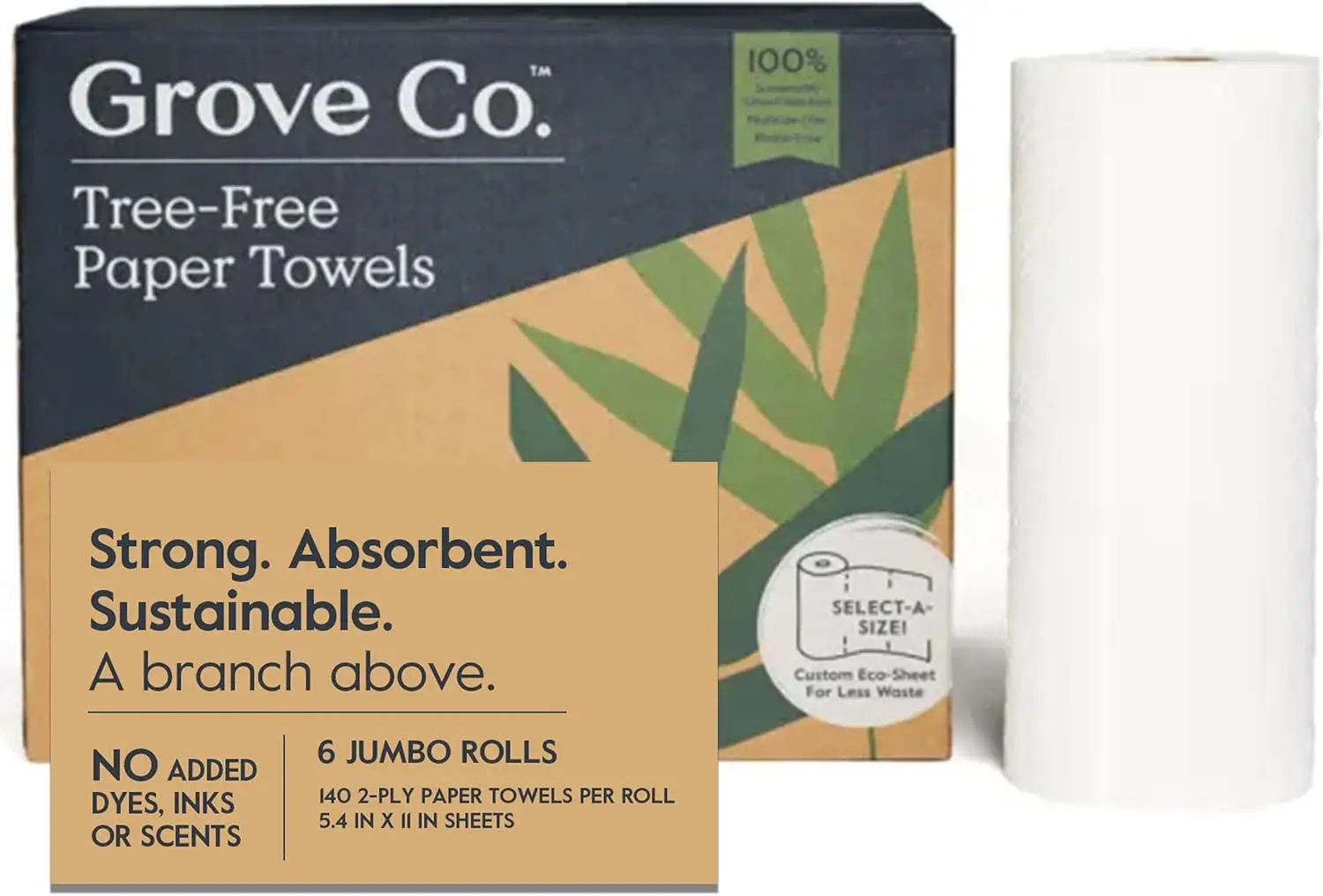 

Bamboo Paper Towels, 6 Pack, Strong & Absorbent, Select-A-Size, Zero Plastic Waste