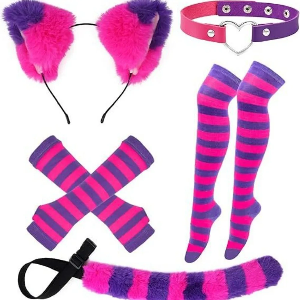 Halloween Purple Striped Cat Cosplay Set Fox Wolf Ear Headband Artificial Fur Tail Accessories Animal Costume Party Prop