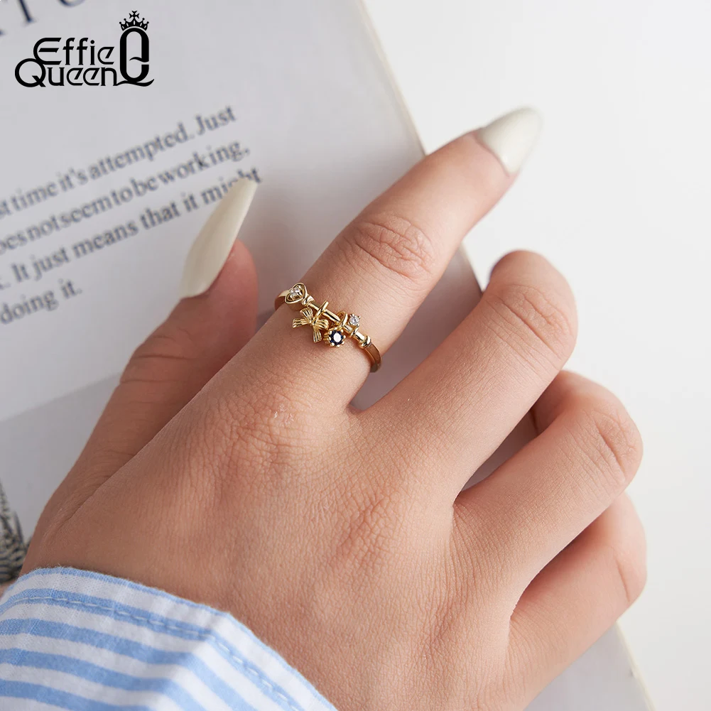 

Effie Queen Open Rings 925 Sterling Silver Bowknot Style With AAAAA Cubic Blue & White Zirconia Finger Accessory Present SR336
