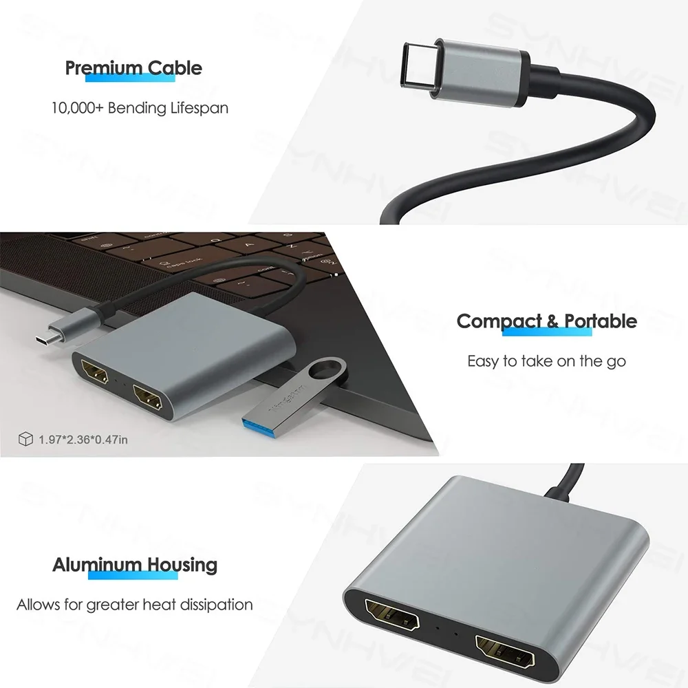 2 منفذ USB C Hub إلى مقسم HDMI مزدوج 4K 60HZ شاشة مزدوجة توسيع نوع C محطة إرساء لأجهزة الكمبيوتر المحمول Macbook والهاتف المحمول والكمبيوتر #5