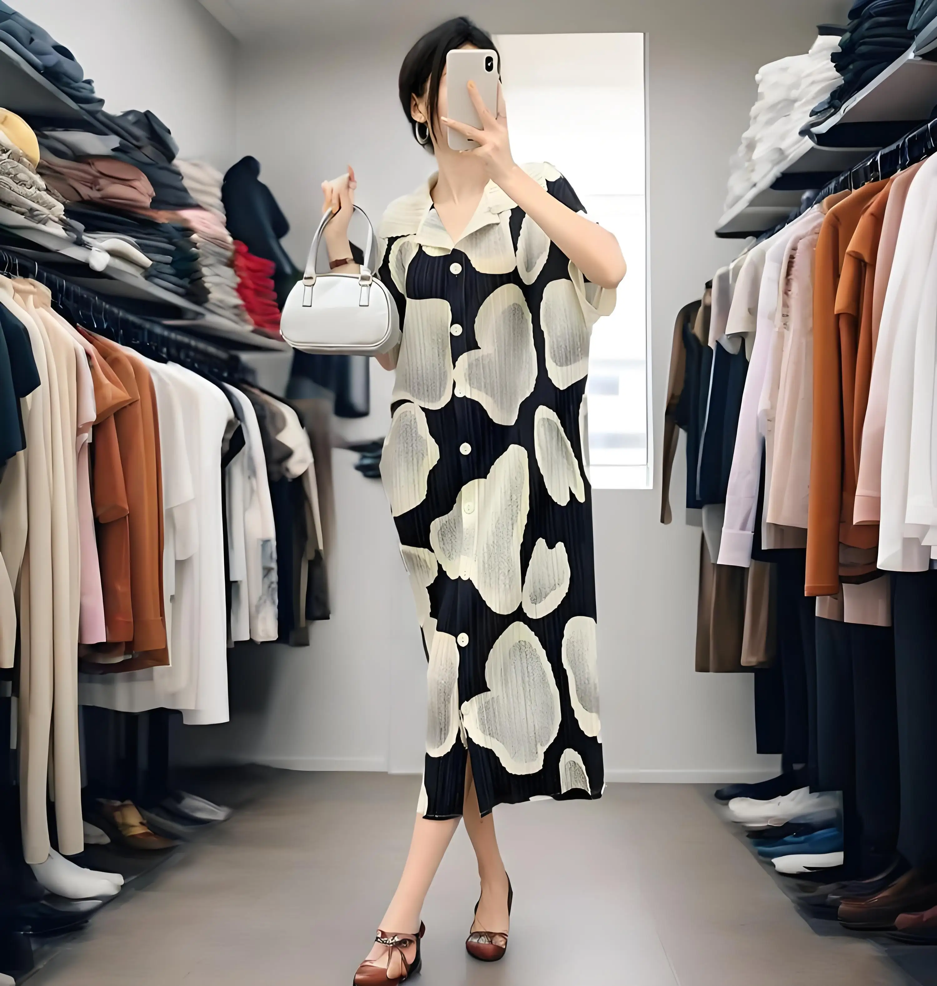 

Miyake 2025 New Comfortable and Comfortable Pleated Casual Breathable Pleated Versatile Loose Plisse Slim Printed Dress
