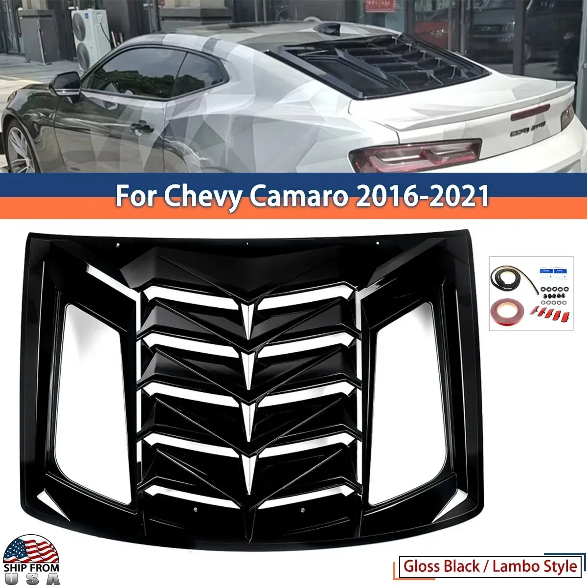 

Rear Window Shutter Compatible with 2016-2021 Chevrolet Camaro Rear Windshield Cover Vent Sun Shade (Glossly Black)