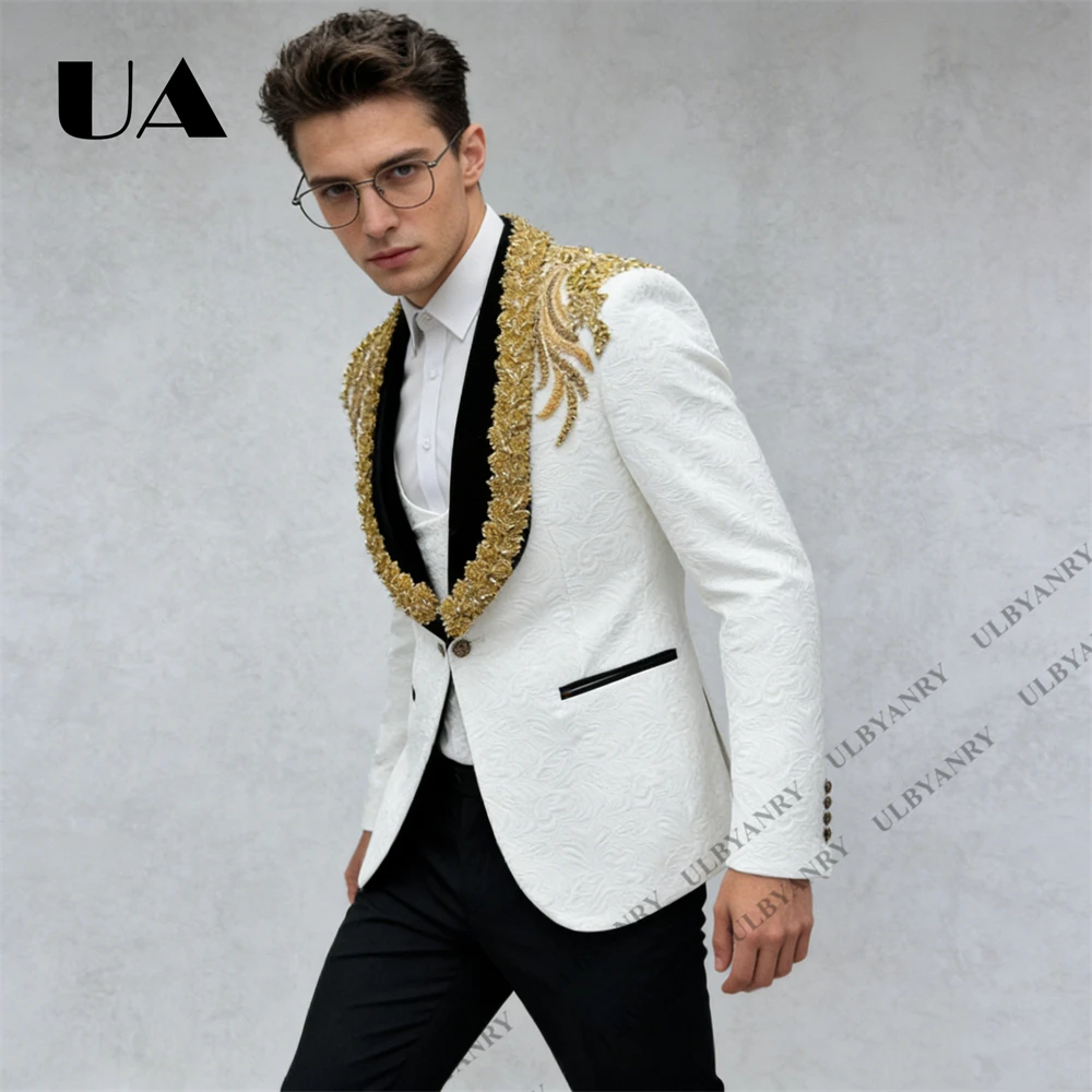 

ULBYANRY 2026 Spring New Formal Suit for Men, 3-Piece Jacquard Wedding Groom Suits with Gold Appliques Party Prom Suit Attire