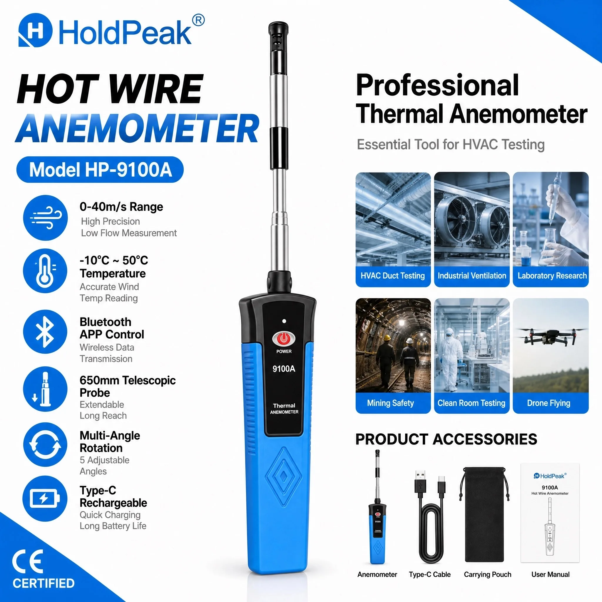 HoldPeak 9100A Hot Wire Anemometer 0.3-40m/s Telescopic Multi-Angle Probe Bluetooth APP Data Logging CFM/CMM for HVAC
