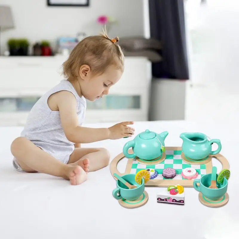 Juego de té para niños, juego de té de juguete, juego de rol, juguetes de cocina con tazas y cucharas, juguetes educativos, juego de té de madera para preescolar