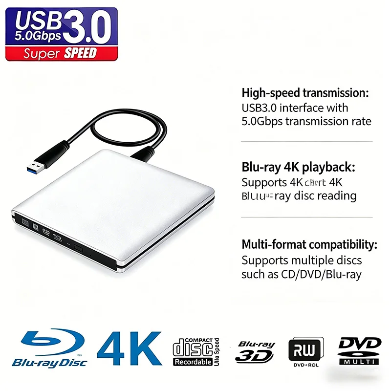 

Новый портативный внешний оптический привод USB 3.0 4K Blu-ray из алюминиевого сплава 2025 года для ноутбуков и настольных компьютеров