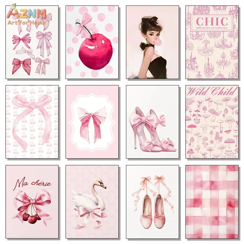 AZNM Coquette Pink Bow Canvas Wall Art Cherry Swan High Heels Mushroom Audrey Hepburn Cute Girly Aesthetic Print Poster Bedroom