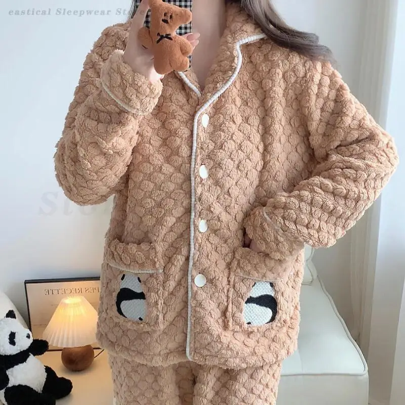 

Осенне-зимний фланелевой пижамный комплект, женская одежда для сна, утепленные брючные пижамы с длинными рукавами, свободная повседневная домашняя одежда, домашняя одежда