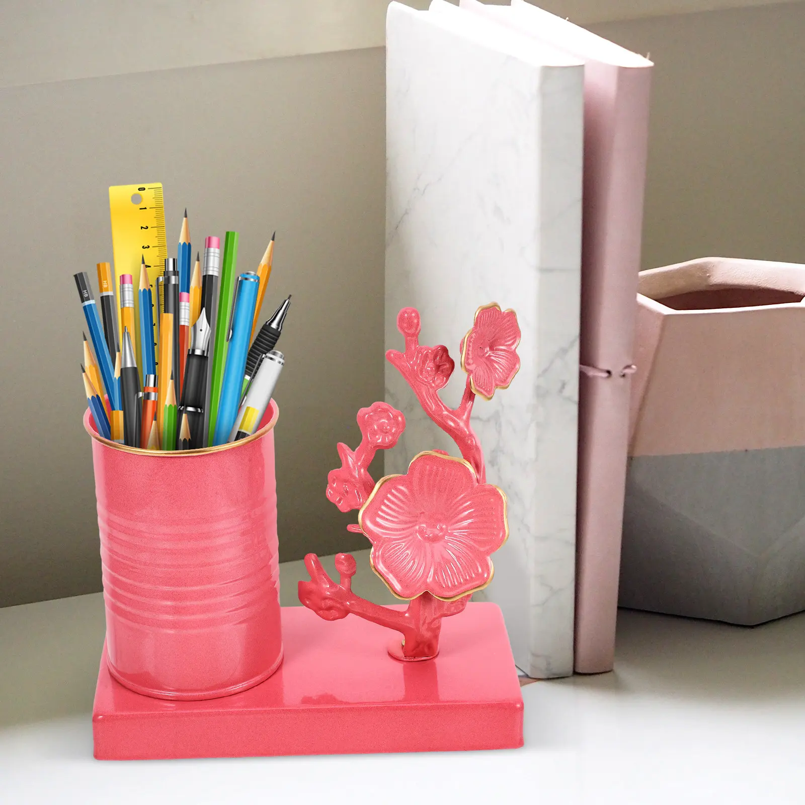 Iron Plum Blossom Pen Holder 15x15x7.5cm Desktop Organizer for Pens Brushes Rulers Makeup Brushes Vintage Decorative Flower Desk