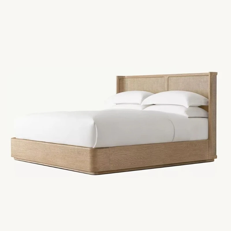 2025 cabeceira de plataforma king de madeira maciça francesa com armazenamento e placa de vime tecida