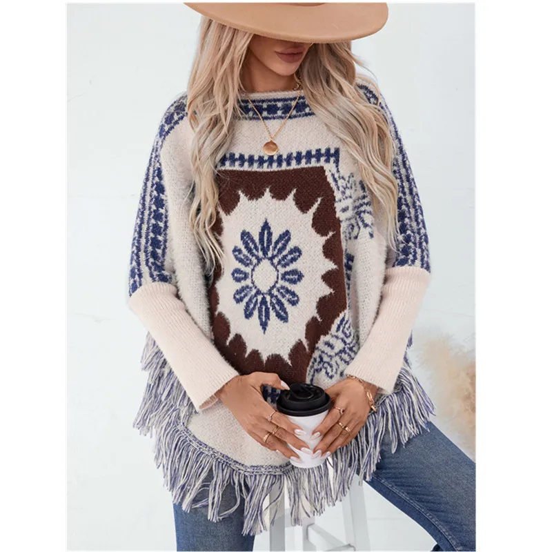 Women's Retro Ethnic Style Long Sleeve Tassel Cape Sweater Shawl One Neck Pullover Knitted Wrap for Autumn Winter Loose Fit