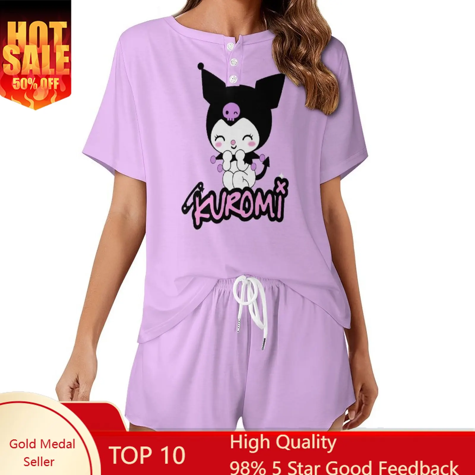 

Kuromi Loungewear Womens Homewear Sanrio Cartoon Pajamas Set Cute Cat Casual Nightwear Suit Short Sleeved Top and Shorts