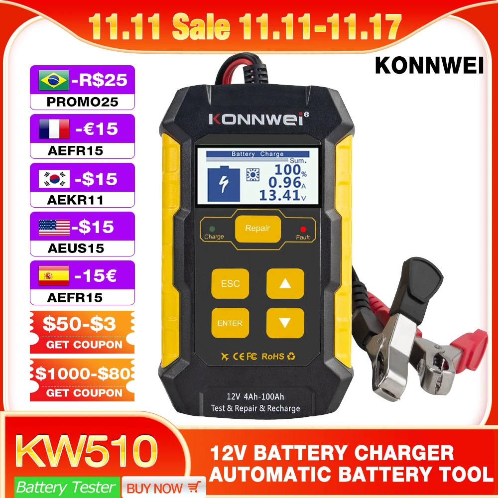 KONNWEI KW510 Car Battery Tester Tools Full Auto 12V Car Battery Repair Tool Load Cranking Battery Charger Detect Tool PK BM550