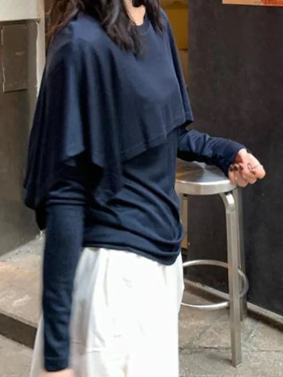 

Early Autumn New Design round Ne oulder own False Two-Piece White Long Sve T-irt Women's Versatile Top Korean Sle