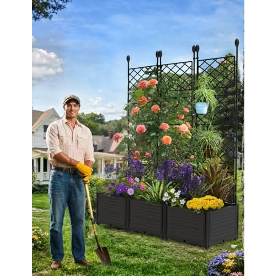 3PCS Modular Raised Garden Bed Planter Box Kit with Metal Trellis for Patio Privacy Screen, Small Space Balcony Deck Use, Galva view 6