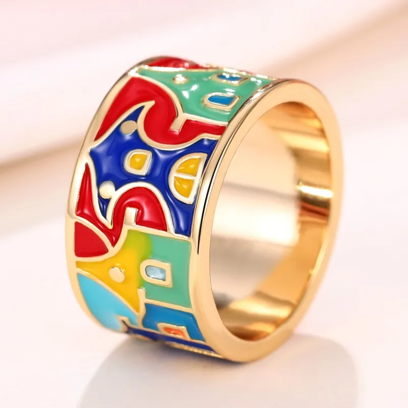 Huitan Creative Colored Housed Design Enamel Finger Ring for Women Gold Color Band Funny Girls Rings Gift Hip Hop Party Jewelry