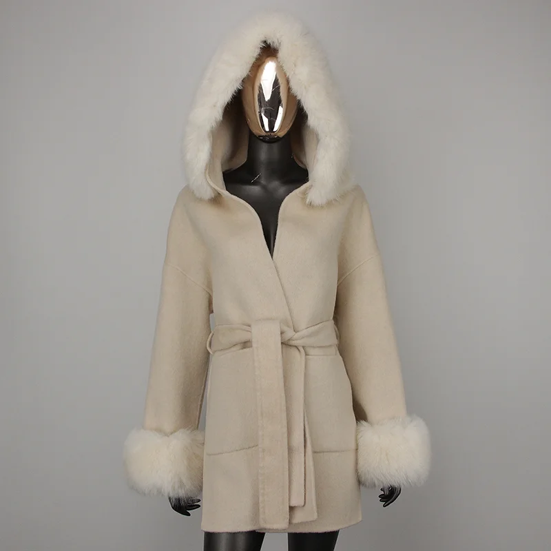 FURYOURSELF 2023 Women Winter Cashmere and Wool Coat Hooded with Faux Fur Collar Belted Soft Middle Length Warm Casual Wool Coat