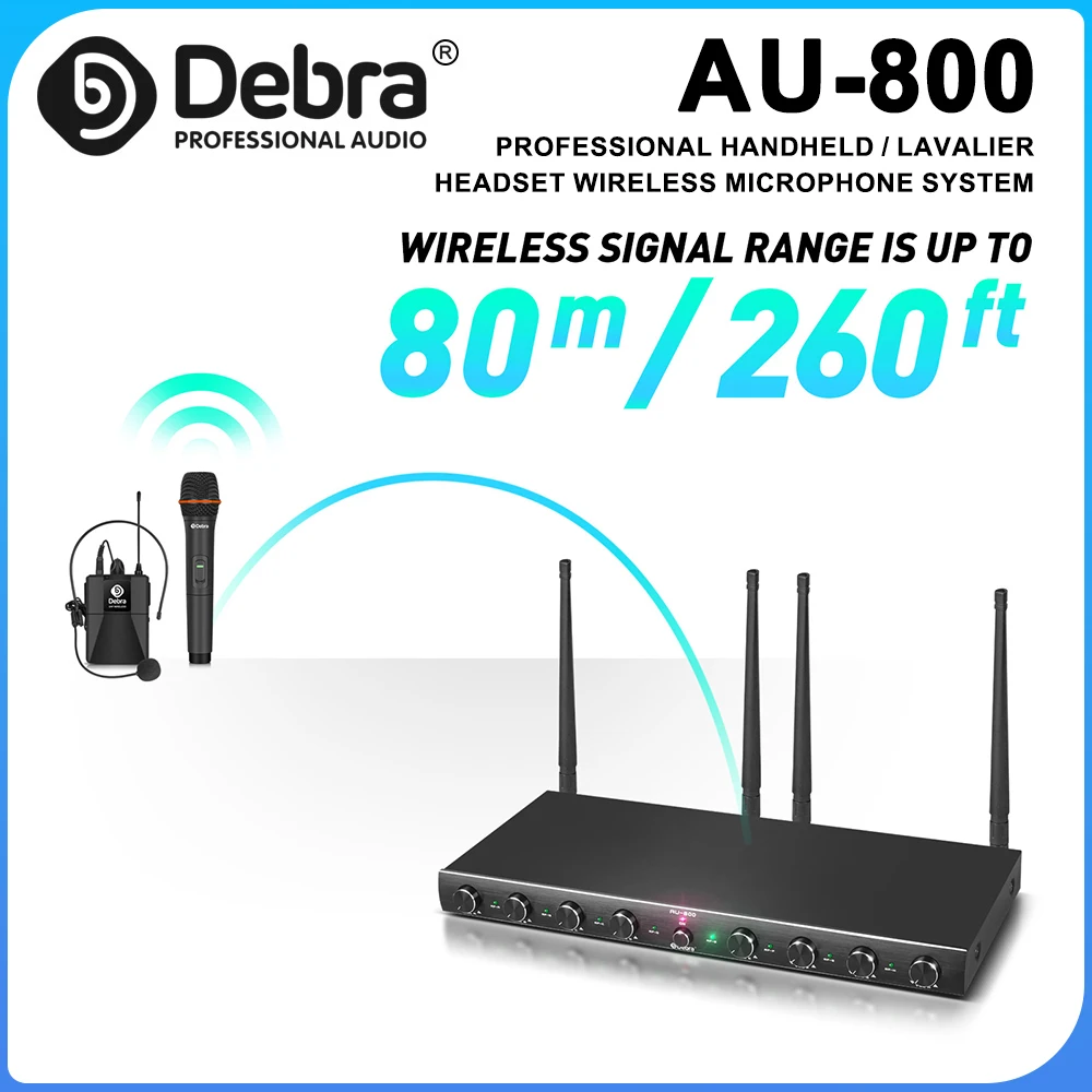 

Профессиональная беспроводная микрофонная система AU800 UHF, включающая ручной микрофон, петличный микрофон и наушные микрофоны, для церквей и концертов.