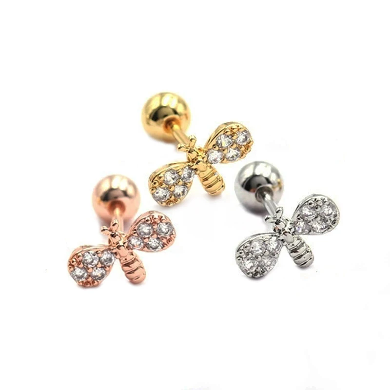 

1 PCS Cute Small Copper Zircon Honeybee Shape Stud Earring Women Gold Color Steel Helix Bar Ear Cartilage Piercing Cuff Jewelry