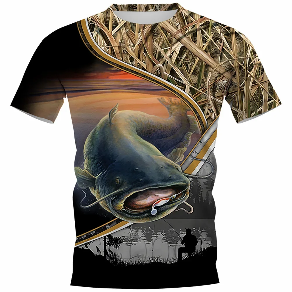 

Summer Carp Fishing Print T-shirts For Men Outdoor Catfish Printing Loose Short Sleeve Quick Drying Tee Shirt Casual Street Top