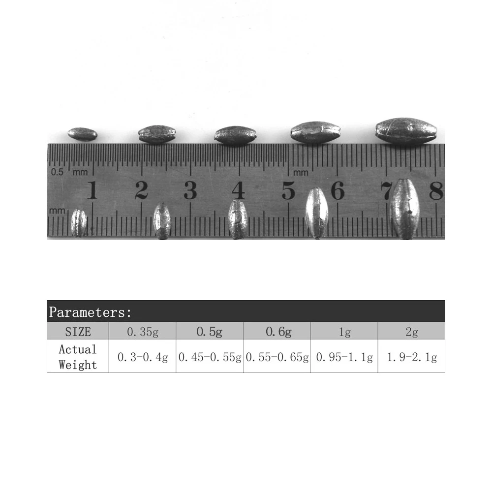 MNFT 올리브 모양 리드 마카로니 싱커, 순수 리드 제작 낚시 싱커, 0.35g, 0.5g, 0.6g, 1g, 2g 무게 판매