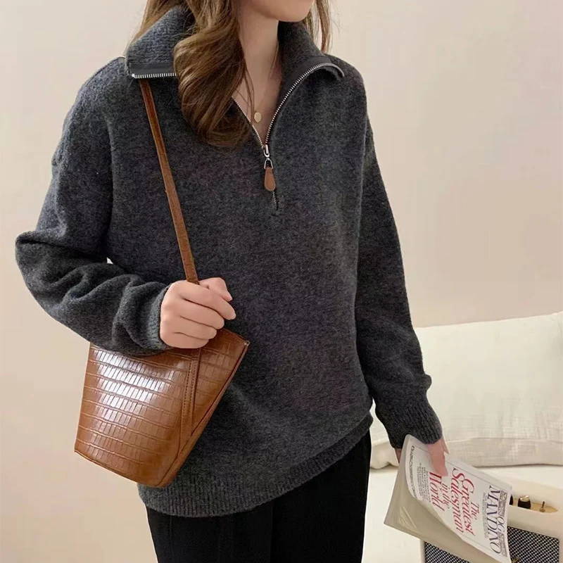 Korean Half Zip-Up Sweater Women Retro Loose Sporty Knitted Pullover ladies Autumn Winter thicken warm Long Sleeve knit Jumpers