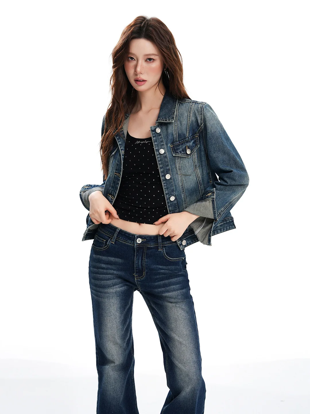 yaya-american-retro-washed-denim-short-jacket-women's-autumn-new-loose-slimming-versatile-top-quality-material-flip-collar