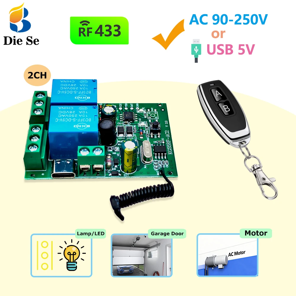 

433MHz Wireless Remote Control Switch 110V 220V 2CH Receiver and Transmitter 50m for Light,Gargae Door,Roll Shutter Door,motor