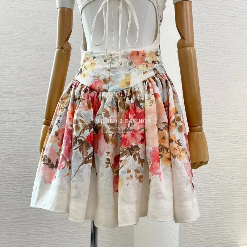 Lin 2025 été haute qualité nouveau sans manches blanc a-ligne découpé imprimé fleuri plis femmes Mini robe