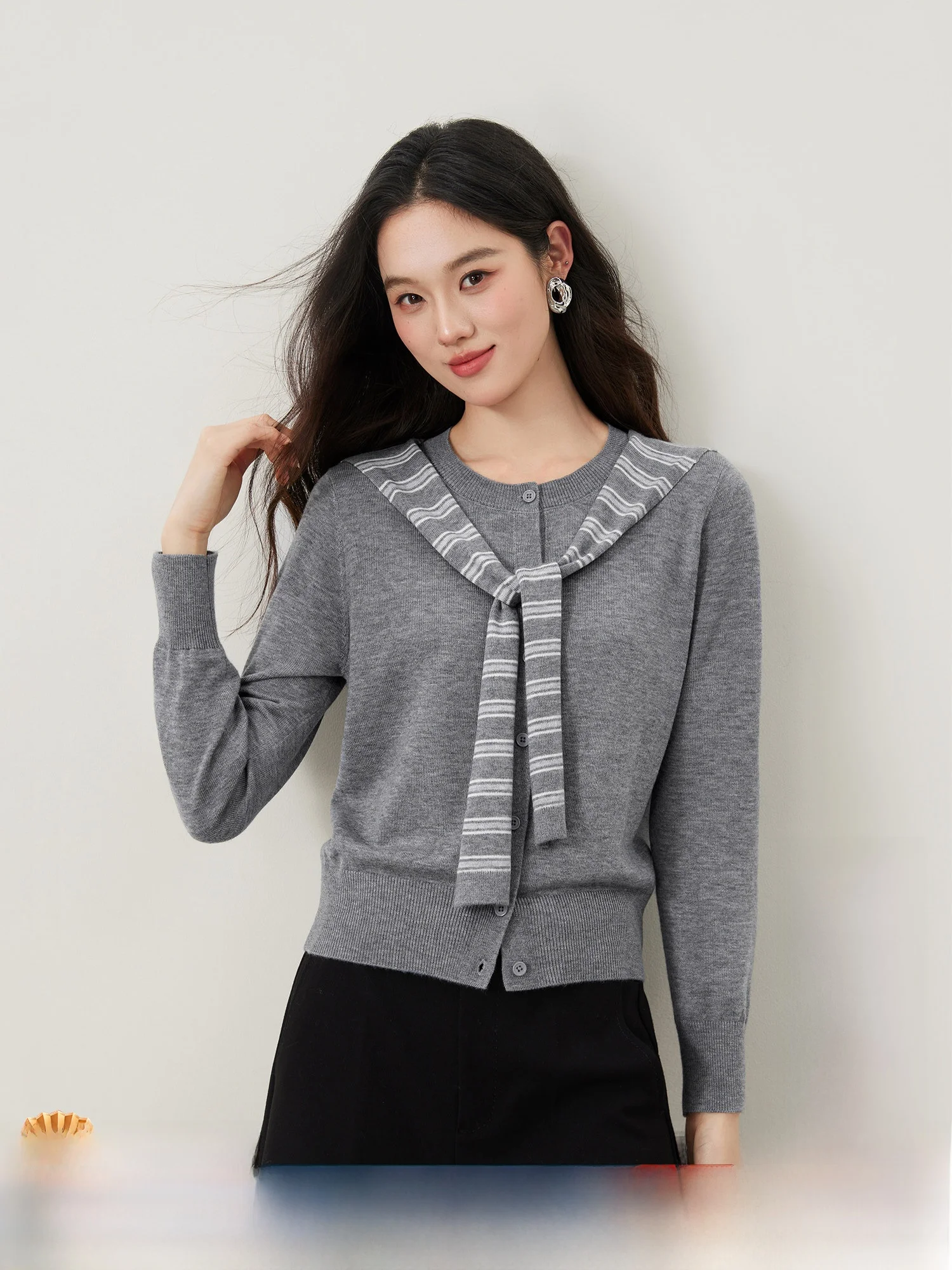 

Mijia High Quali Preppy Sle Striped Knitted Sweater with Belt round Ne Women's Spring New Arrival Ele Casual Wool B...