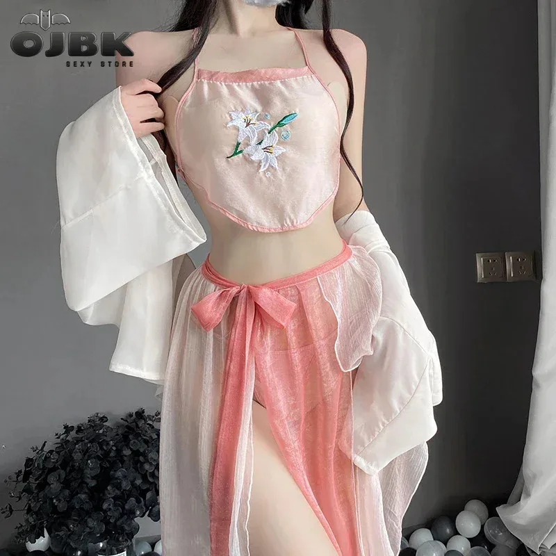 

2025 New OJBK Women Sexy Lingerie Chinese Traditional Bathrobe Mesh Bandage Suit Girl See Through Sleepwear Blossoms Long R★ ❤ ☆