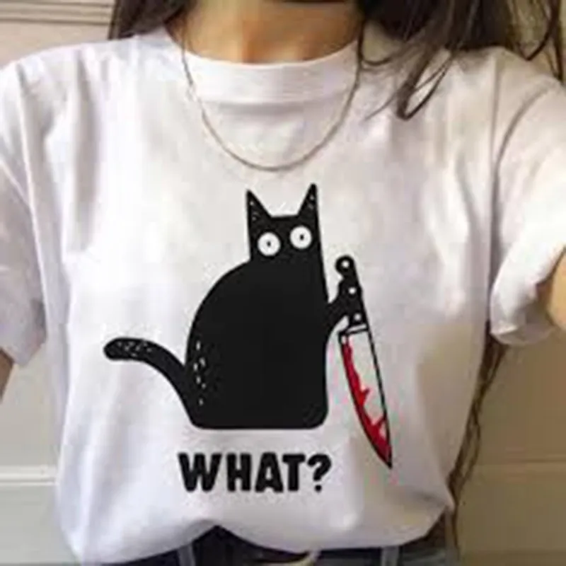 Summer Y2K Kitchen Knife Black Cat Letter Wha Print Short Sleeve   Pure Cotton T-Shirts  Cool Tee Clothes Street Hip Hop Tops